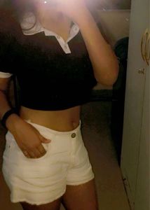 Black &amp; Cream Ribbed Polo Crop Top