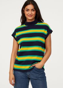 Retro Vibe Navy Striped High-Neck T-Shirt