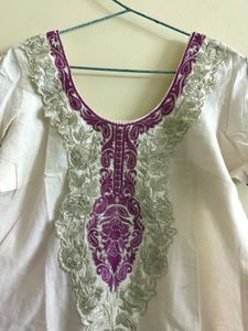 Embroidery White Purple Kurta
