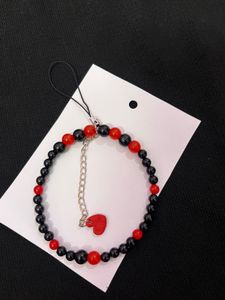 Red &amp; Black Beaded Phone Charm with Heart ♥️