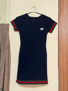 Navy Blue Knitted Mini Dress with Green&Red Stripe