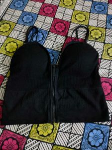 Black Zip-Up Ribbed Crop Top