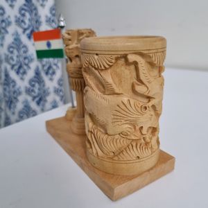 Wooden Pen Stand with Ashoka Stambh &amp; National Flag