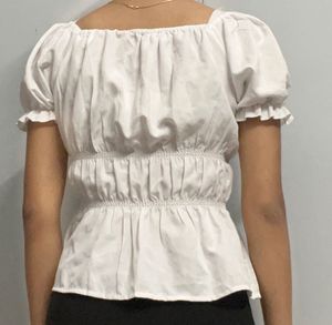 White Peplum Puff Sleeve Top
