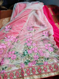 Pink Embroidered Net Saree