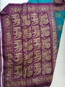 Beautiful Blue And Maroon Saree With Elephant An