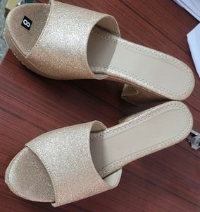 Fancy Rose Gold Women Block Heel Slippers With Party Wear 3.5 Inch Heels Chappal For Ladies