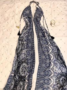 Blue Flowey Backless Dress