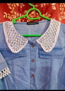 Denim Dress with Lace Collar