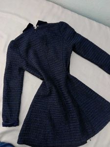 New Korean Puff Sleeves Navy Blue Dress