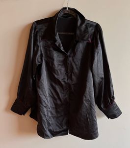 Black Satin Shirt with Purple Detailing