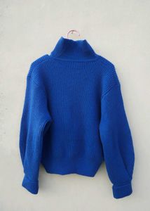 Blue Ribbed Zip-Up Sweater