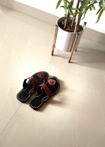 Black Jaipuri Kolhapuri Chappals with Red Block Pr