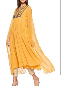 Mustard Embroidered Cape Dress