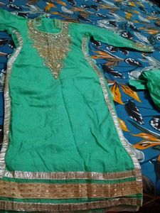 Green & Gold Embellished  Kameez With Pajami