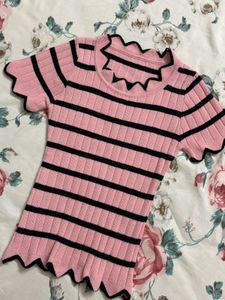 Pink Striped Scallop Top