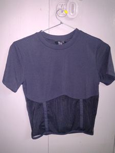 Round-Black Neck Top with Semi-Sheer Panel Hem Top For Women