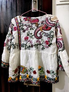 White Indian Printed Top (Free Size)