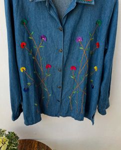 Vintage Flower Embroidered Denim Shirt
