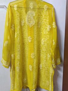 Lucknow Chikankari  Embroidery Yellow Short Kurta
