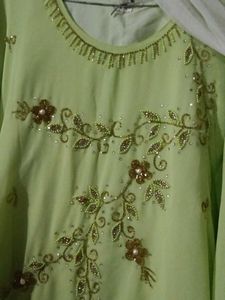 Lime Green Embellished Kaftan With Dupatta