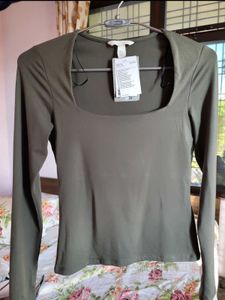 H&amp;M Olive Square Neck Long Sleeve Top/XS