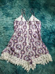 Patterned Romper with Lace Trim