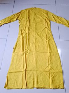 Yellow Kurta With Pink Embroidery, Front Slit