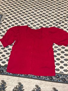 Red Puff Sleeve Button-Up Top
