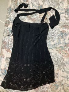 Sparkly Black Halter Neck Mini Dress