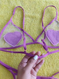 Purple Net Heart&#39; Bra Panty Set