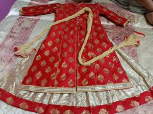 Elegant Red Banarasi Anarkali Set with Golden Moti