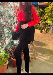 Stylish Red Sweater & Black Skirt