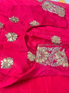 Rani Pink with Hand Embroidered Golden &amp; Silver Za