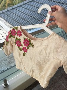 Cream Raw Silk Blouse with Floral Embroidery