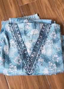 New Blue Unstitched Cotton V Neck  Dress Material
