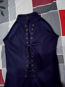 Navy Lace-Up Halter Dress