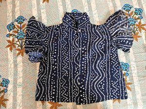 Blue & White Patterned Button-Down Top