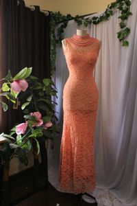Peach Lace High Neck Cocktail Dress