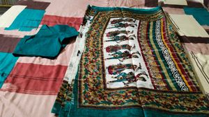 New White And Rama Sari With Blouse