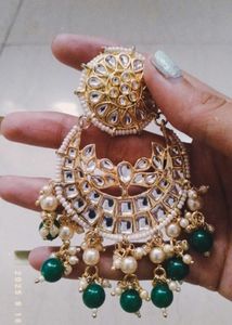 Statement Kundan Earrings - Green &amp; Gold