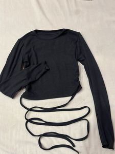 Black Ribbed Backless Crop Top with Wrap Ties