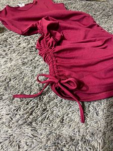 Maroon Drawstring Ruched Dress