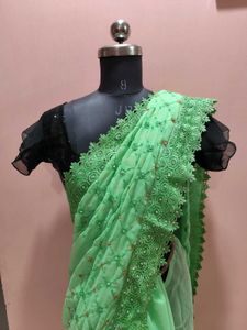 Green Embroidered Saree With attached Blouse