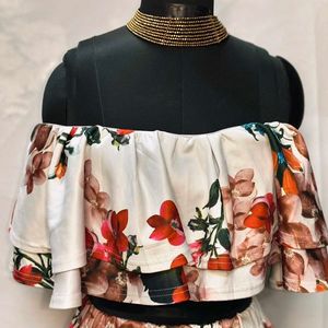 Floral Off Shoulder Cord Set With Pencil Skirt