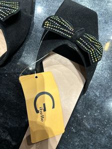 Black Embellished Open Toe Flats
