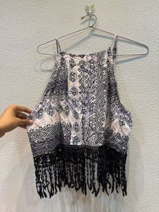Boho Print Fringe Crop Top