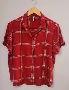 Red Checked Casual Half Sleeves ShirtCollar Women