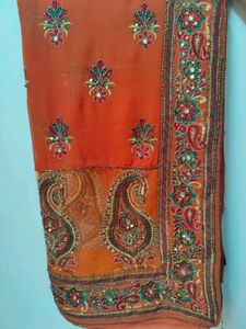 Orange Embroidered Paisley Saree