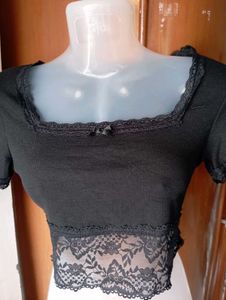 Black Lace Trim Crop Top